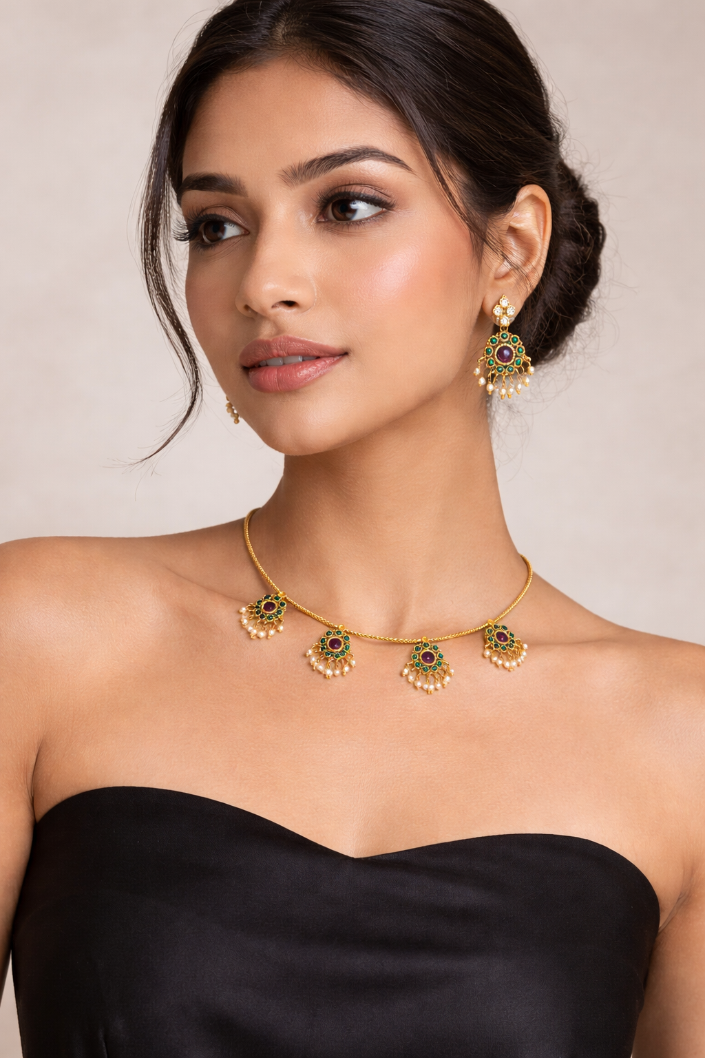 Traditional Gold Chain Necklace Set with Multicolor Motifs