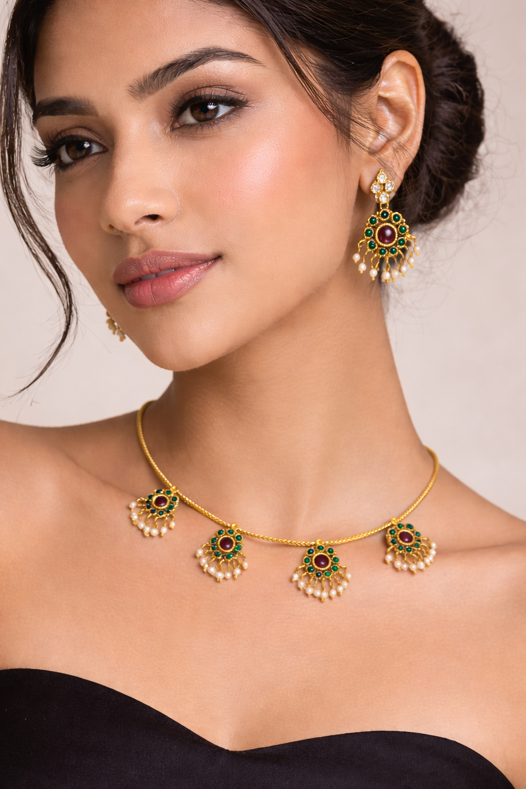 Traditional Gold Chain Necklace Set with Multicolor Motifs