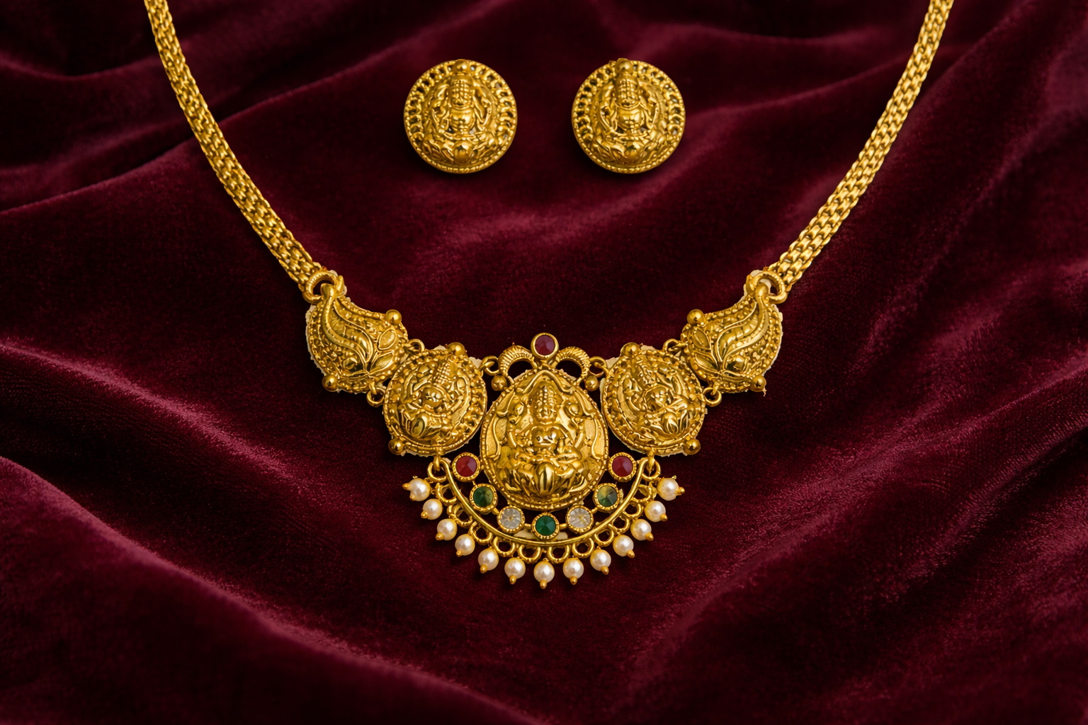 Temple Design Short Necklace Set with Goddess Motif