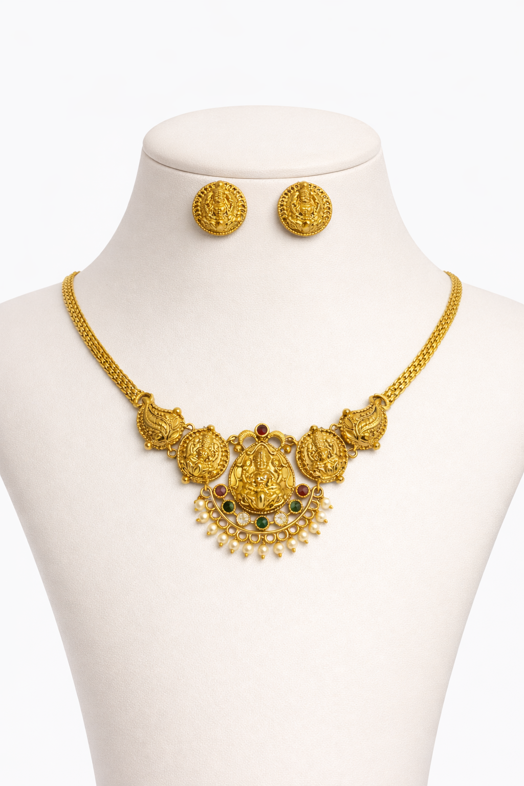 Temple Design Short Necklace Set with Goddess Motif