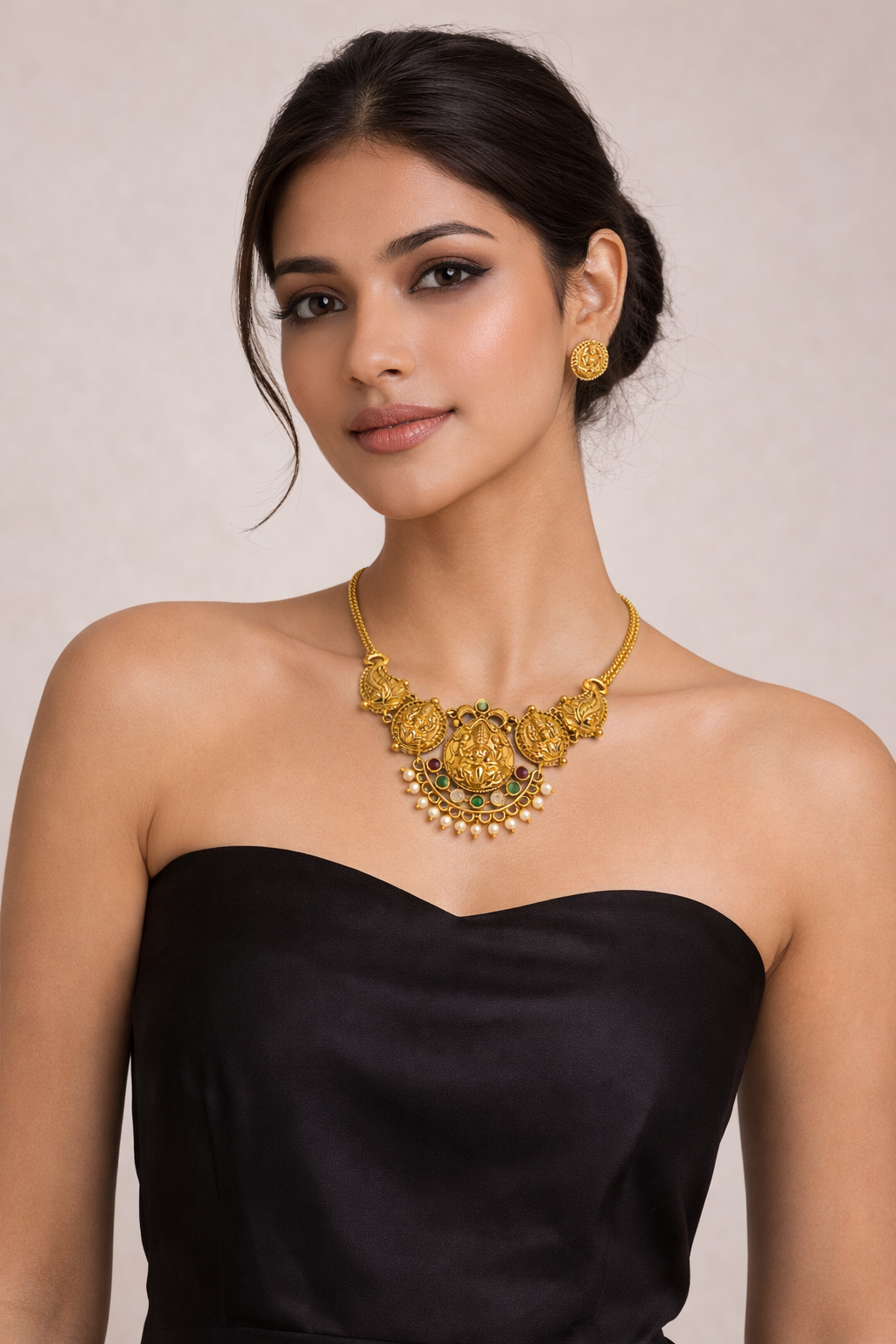 Temple Design Short Necklace Set with Goddess Motif