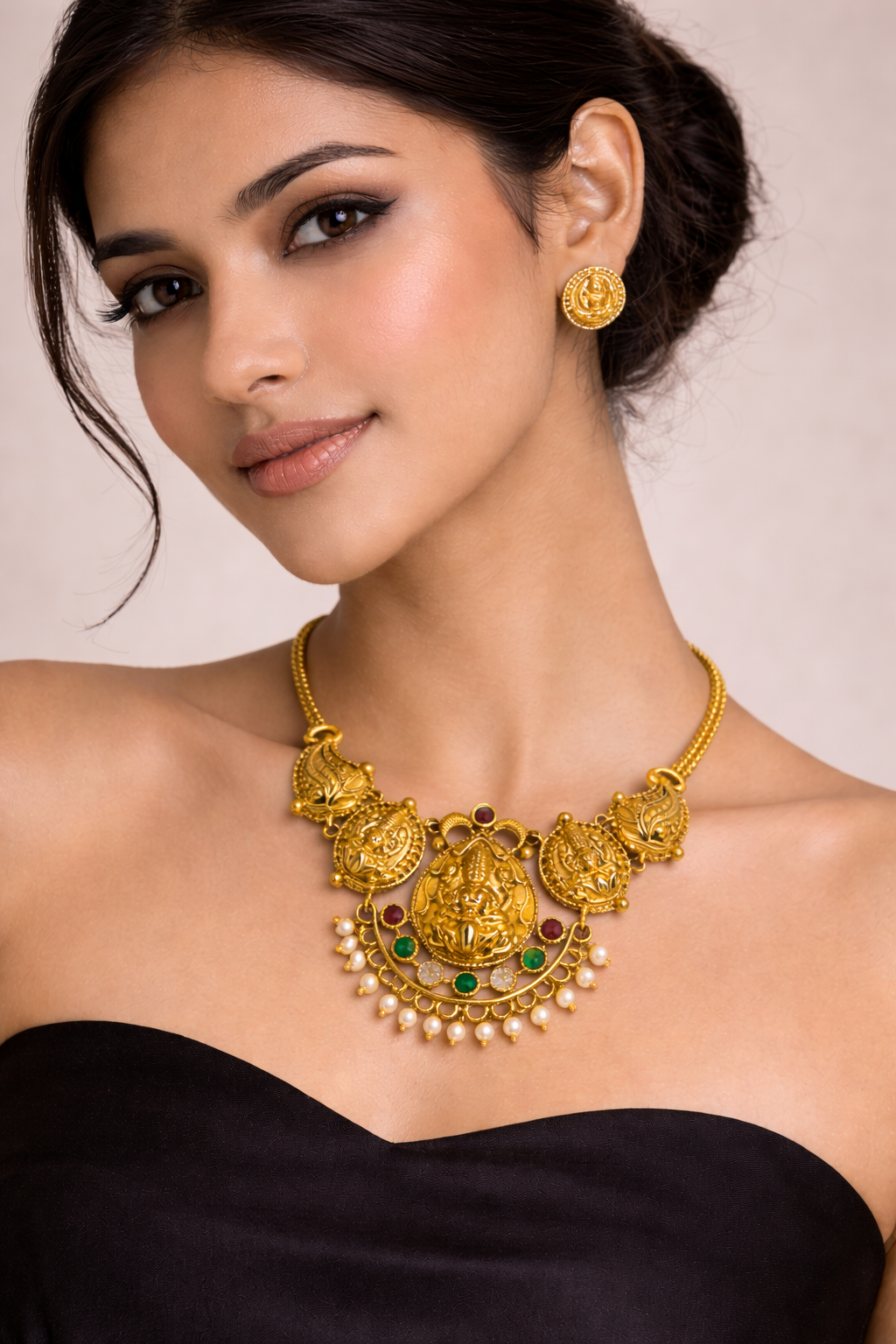 Temple Design Short Necklace Set with Goddess Motif