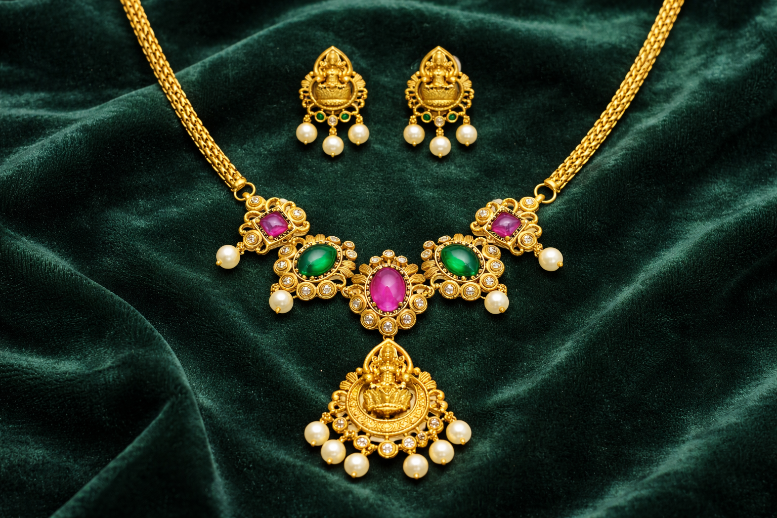 Lakshmi Pendant Necklace Set with Ruby Green Stones and Pearls