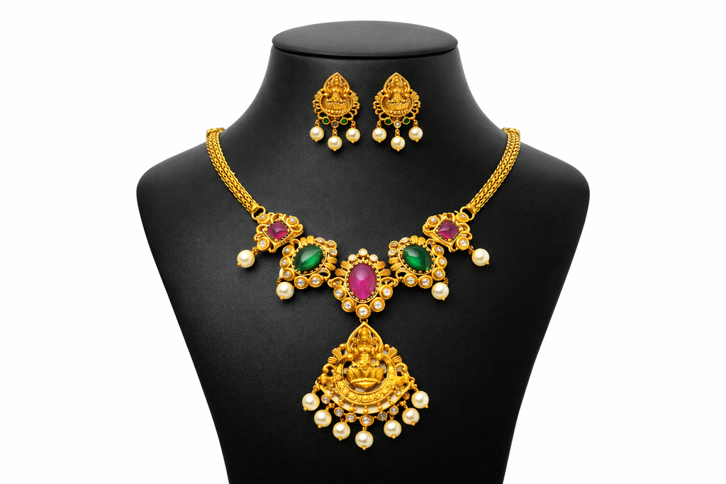 Lakshmi Pendant Necklace Set with Ruby Green Stones and Pearls
