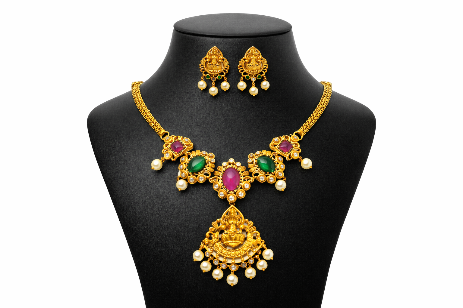 Lakshmi Pendant Necklace Set with Ruby Green Stones and Pearls