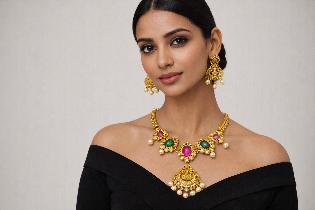 Lakshmi Pendant Necklace Set with Ruby Green Stones and Pearls