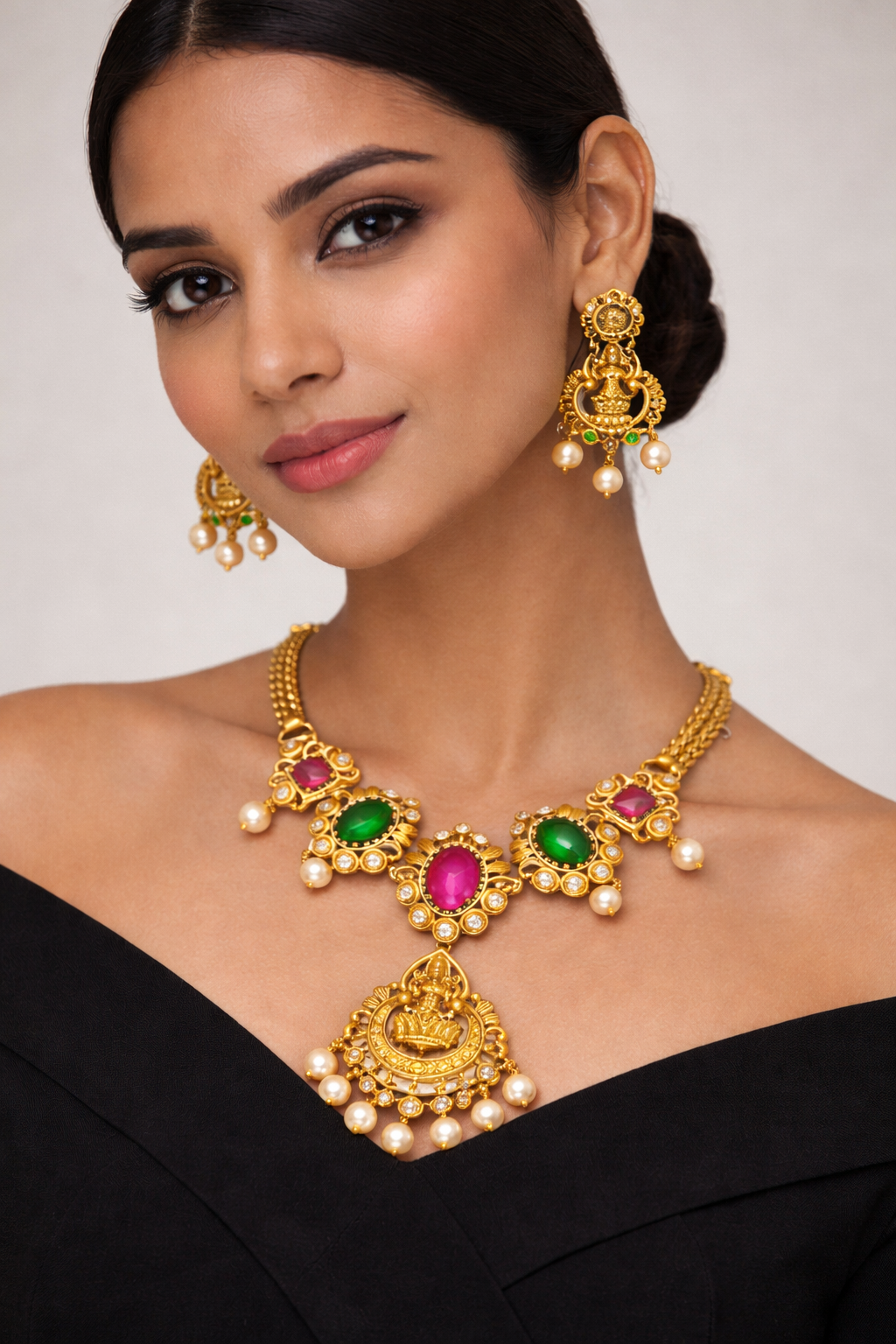 Lakshmi Pendant Necklace Set with Ruby Green Stones and Pearls