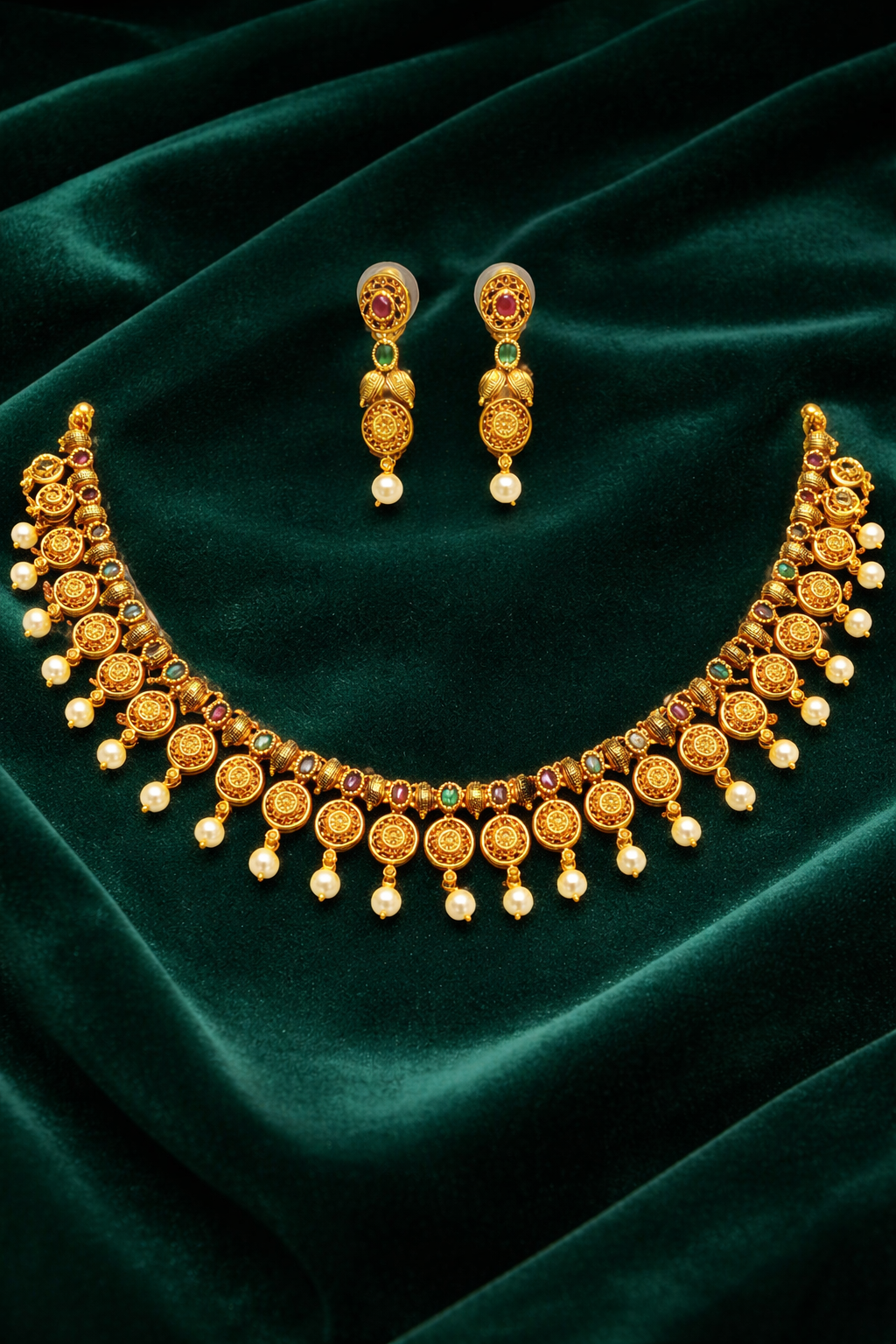 Ethnic Temple Style Necklace Set with Ruby Green Stone Accents
