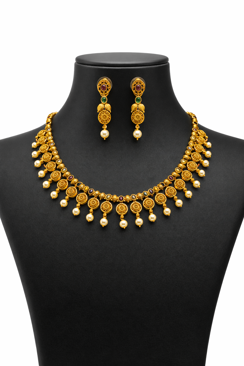 Ethnic Temple Style Necklace Set with Ruby Green Stone Accents