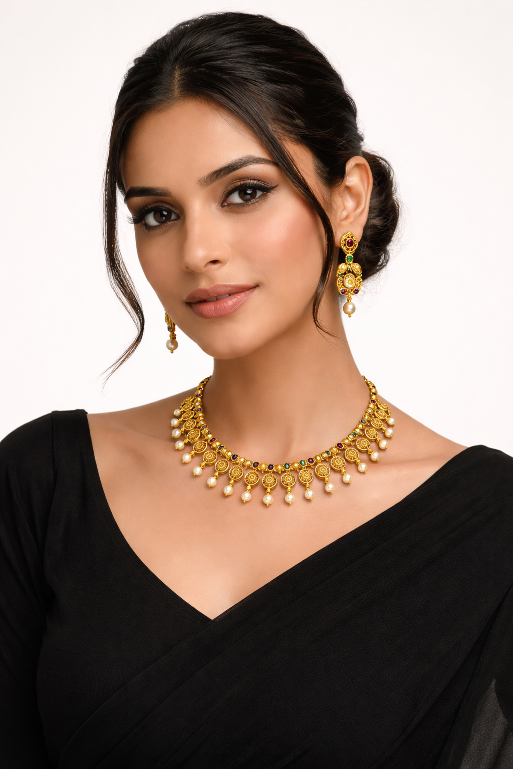 Ethnic Temple Style Necklace Set with Ruby Green Stone Accents