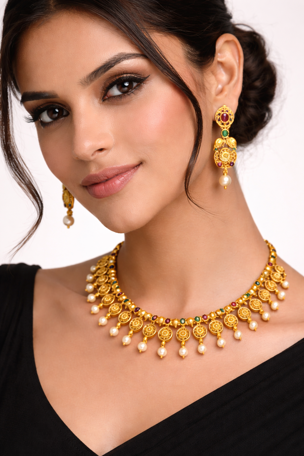Ethnic Temple Style Necklace Set with Ruby Green Stone Accents
