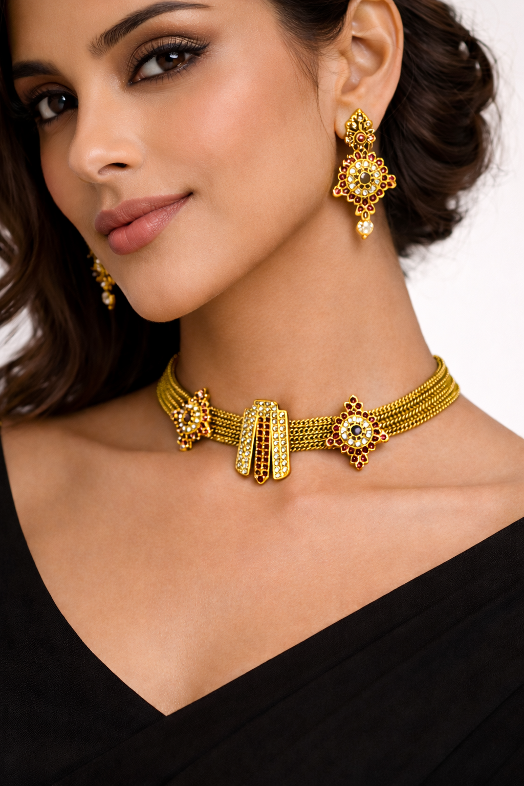 Traditional Gold Short Necklace Set with Stud Earrings