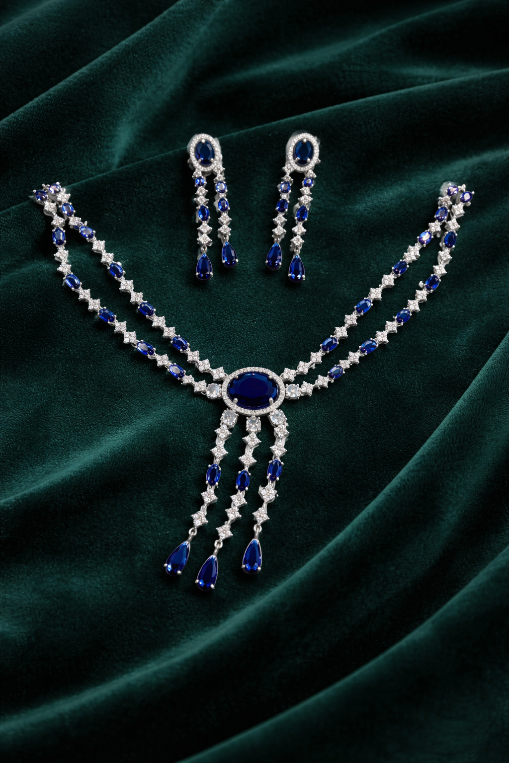 Royal Blue Stone Necklace Set with Long Drop Earrings