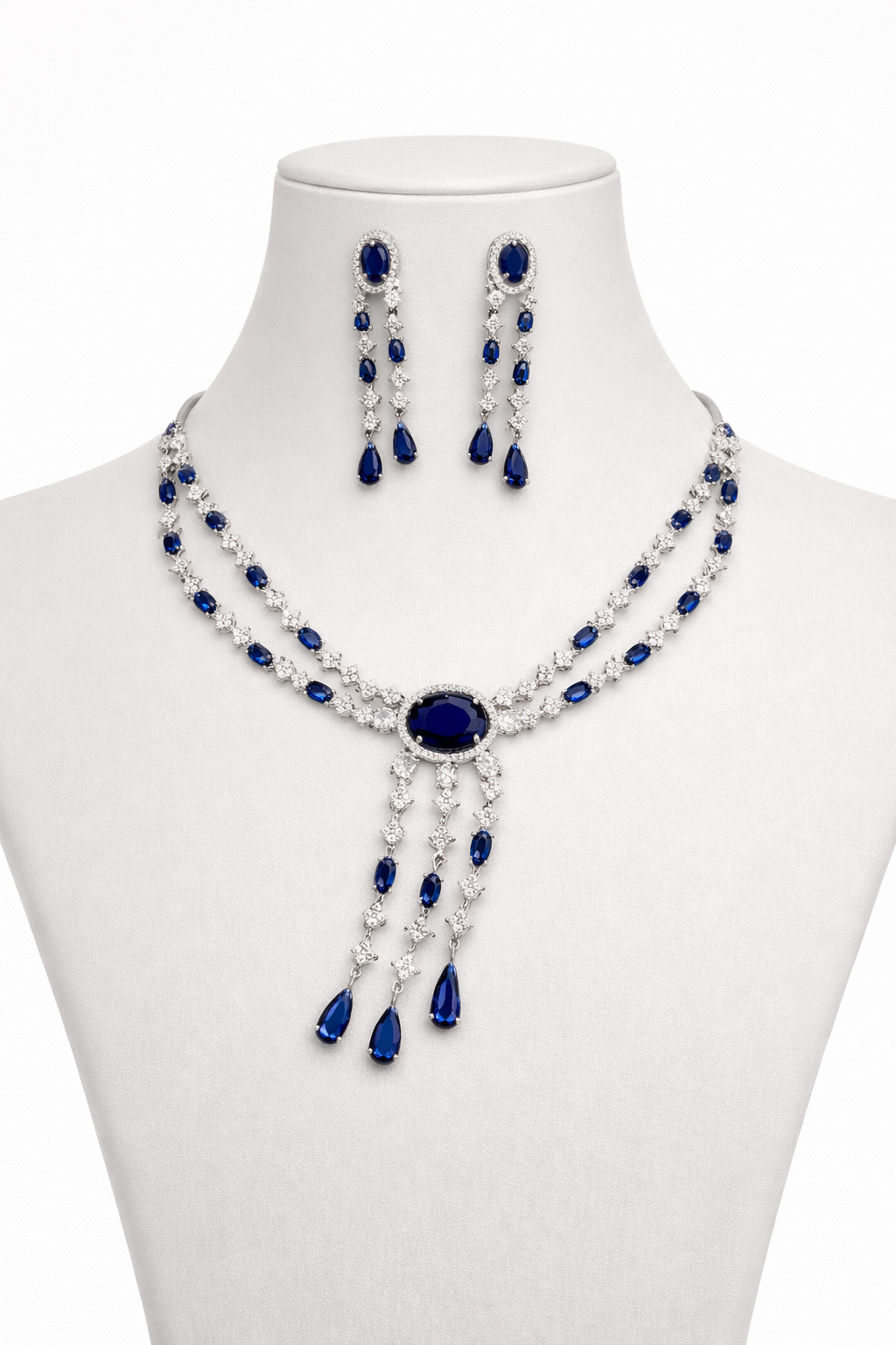 Royal Blue Stone Necklace Set with Long Drop Earrings