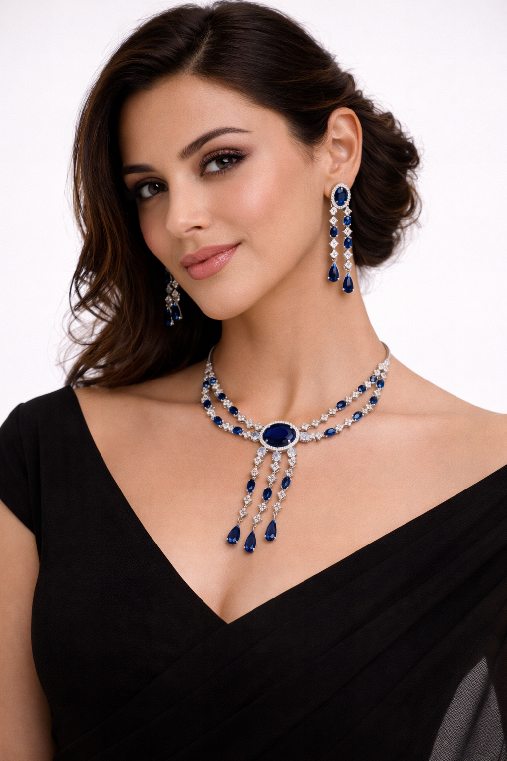 Royal Blue Stone Necklace Set with Long Drop Earrings