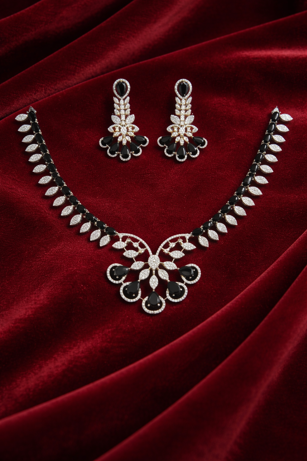 Designer Black Crystal Necklace Set with Leaf Pattern Chain