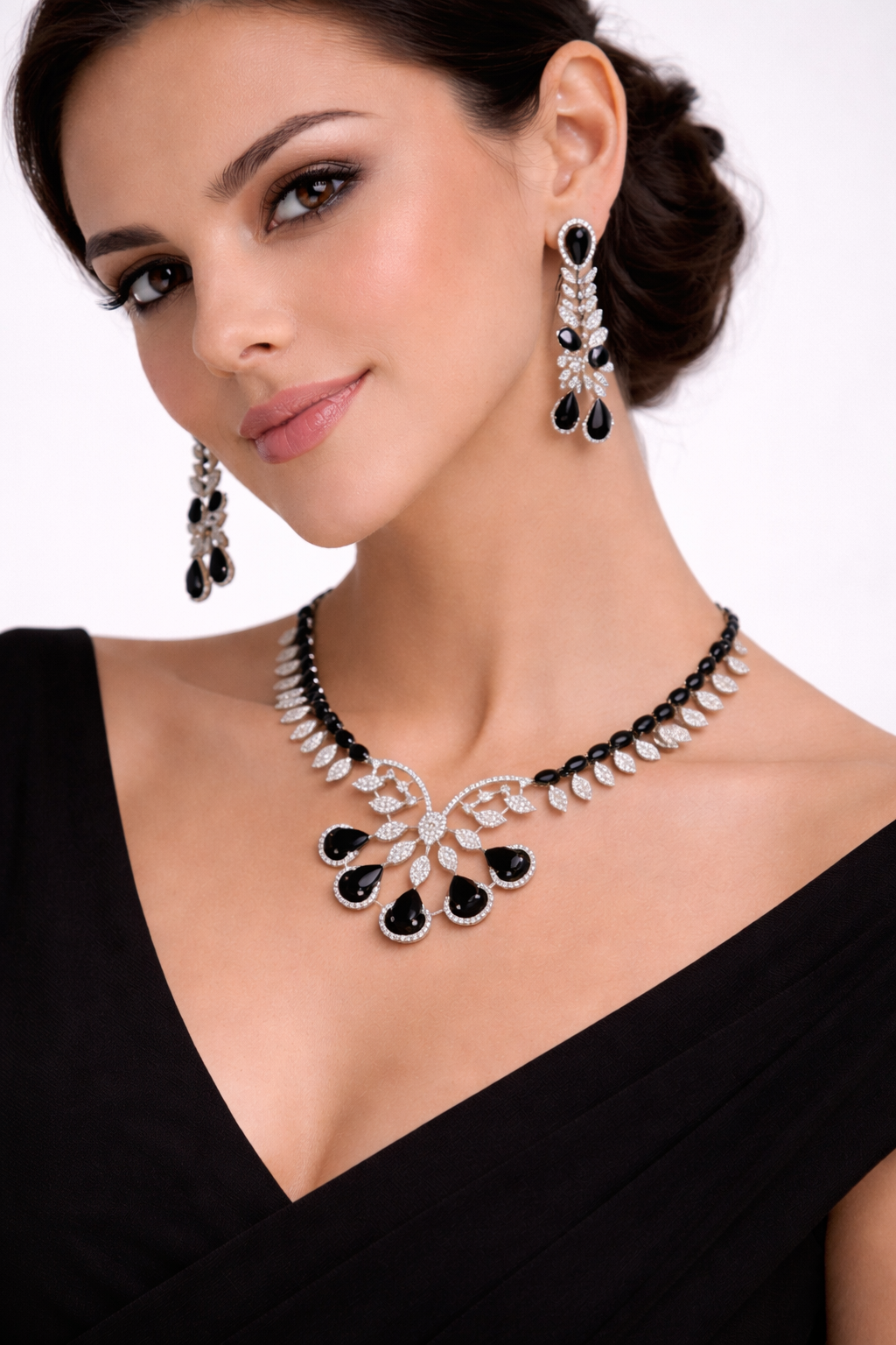 Designer Black Crystal Necklace Set with Leaf Pattern Chain