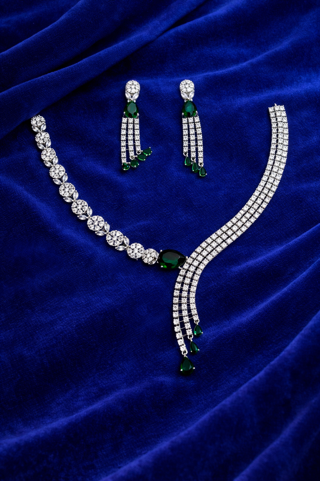 Emerald Tone Statement Necklace Set with Layered Tassel Design