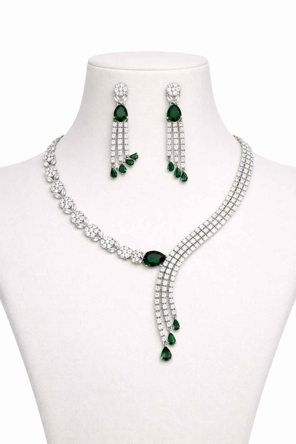 Emerald Tone Statement Necklace Set with Layered Tassel Design