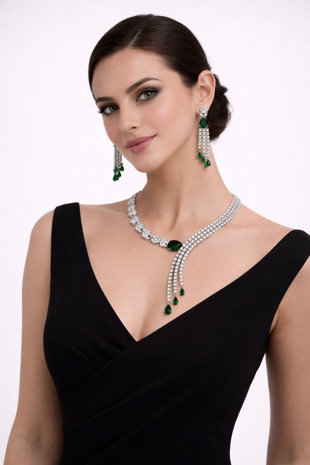 Emerald Tone Statement Necklace Set with Layered Tassel Design