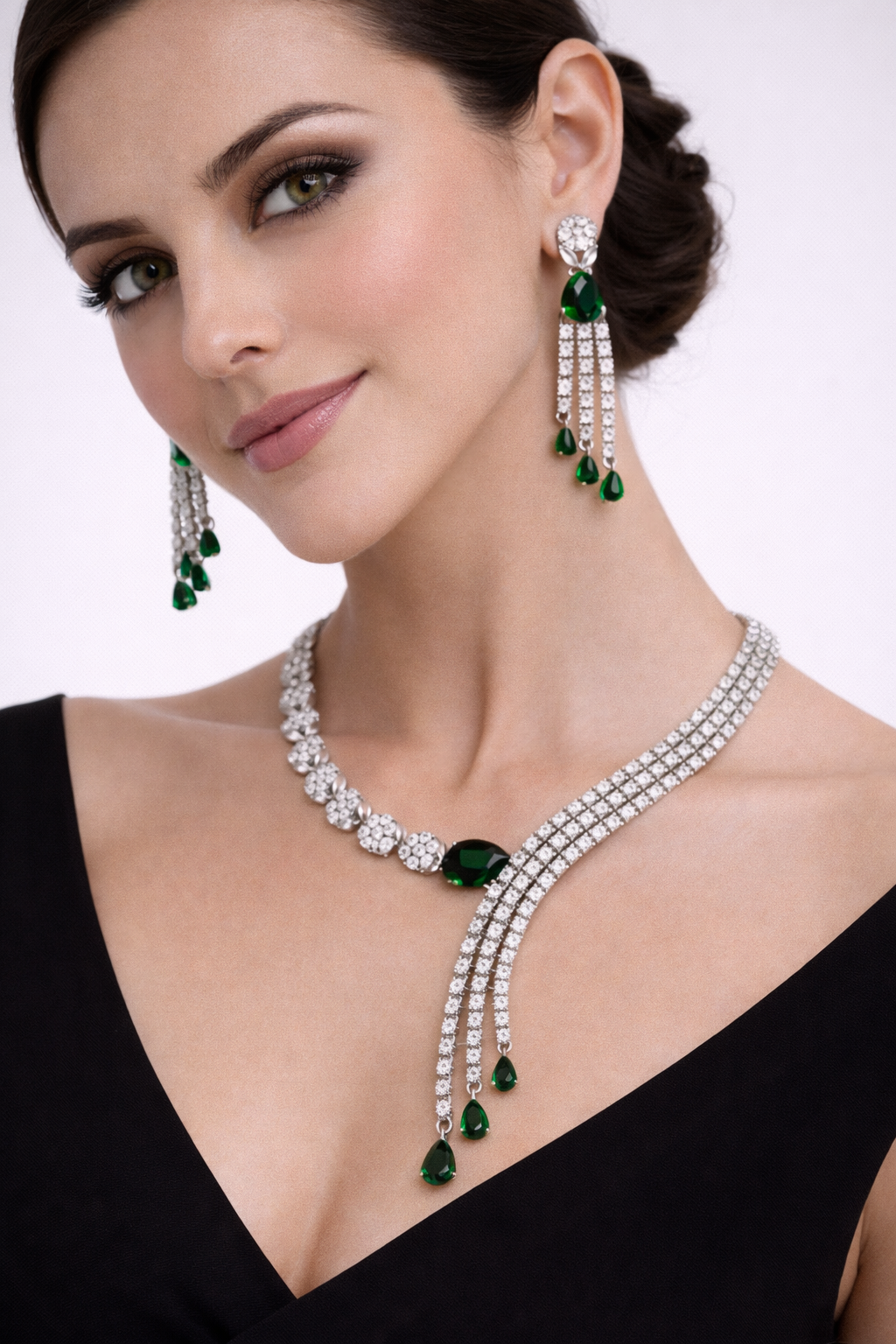 Emerald Tone Statement Necklace Set with Layered Tassel Design