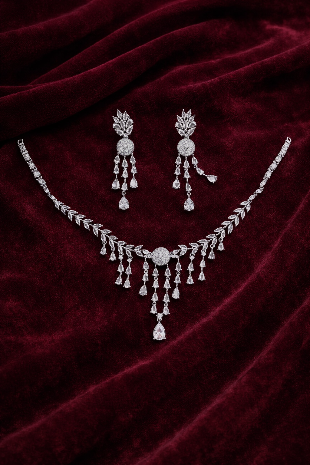 Silver Crystal Leaf Necklace Set with Tassel Drop Earrings