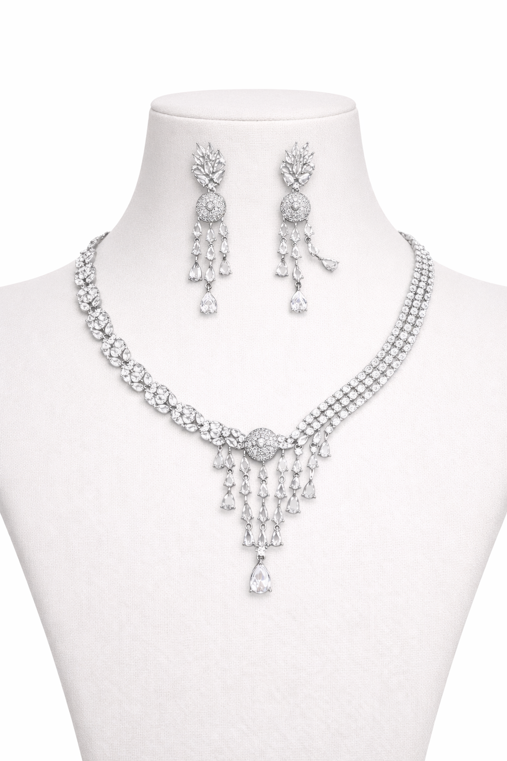 Silver Crystal Leaf Necklace Set with Tassel Drop Earrings