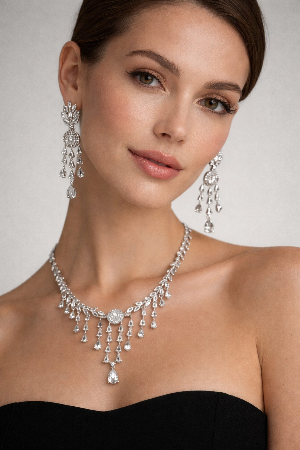Silver Crystal Leaf Necklace Set with Tassel Drop Earrings