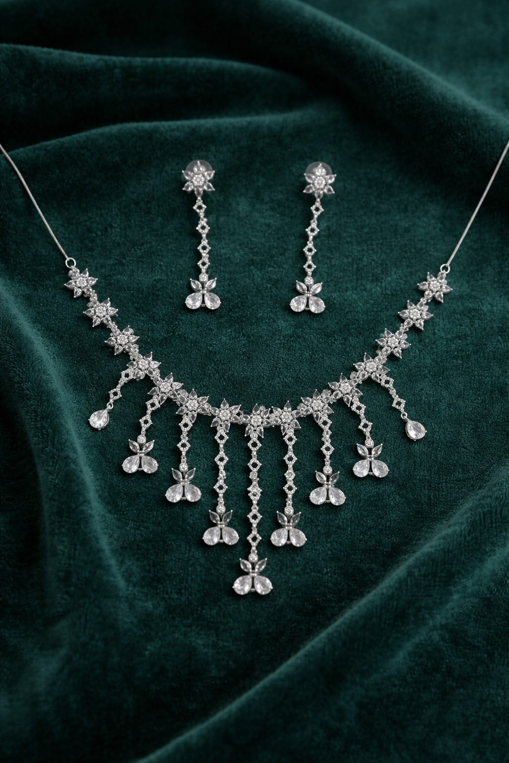 Silver Crystal Butterfly Necklace Set with Long Drop Earrings