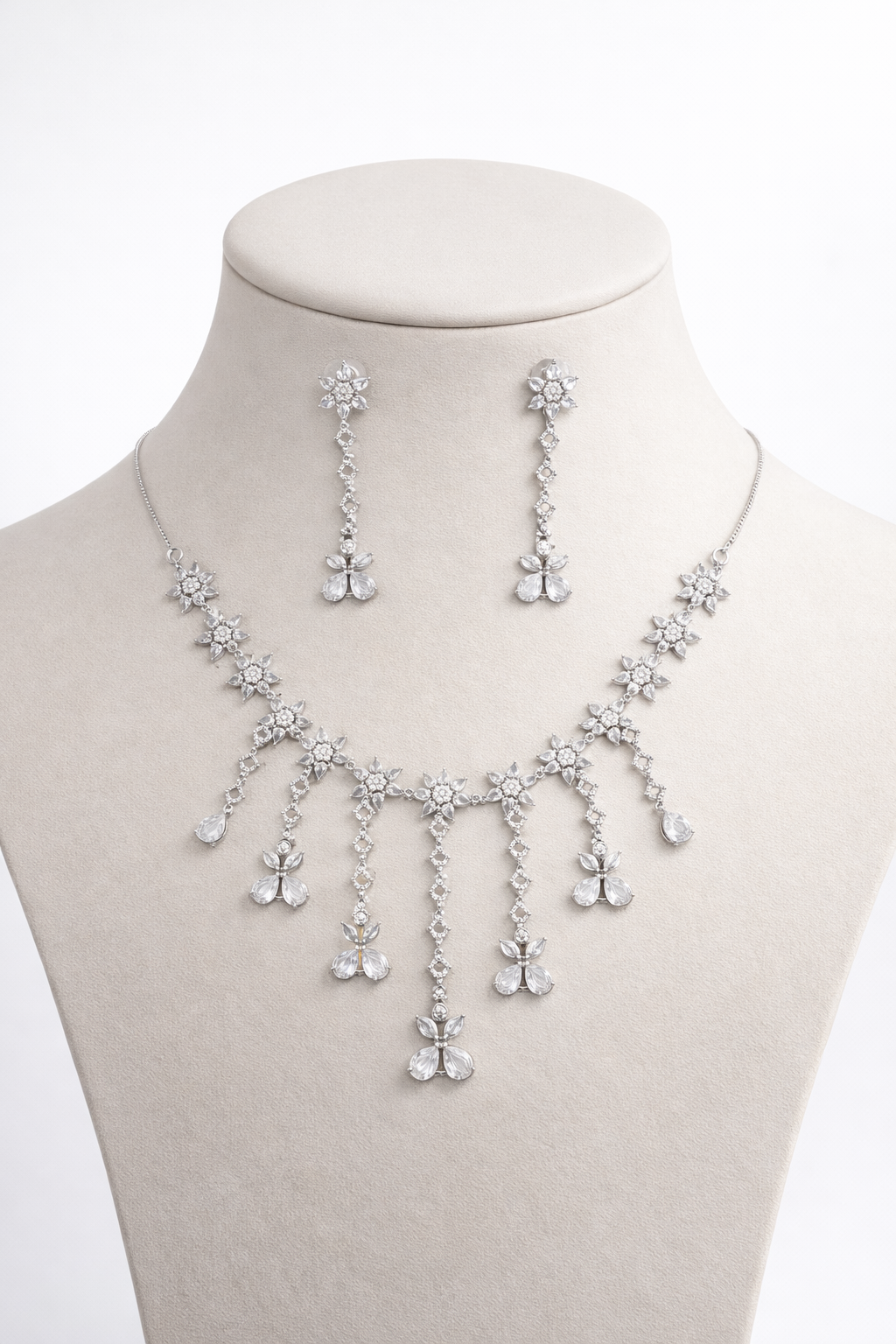 Silver Crystal Butterfly Necklace Set with Long Drop Earrings