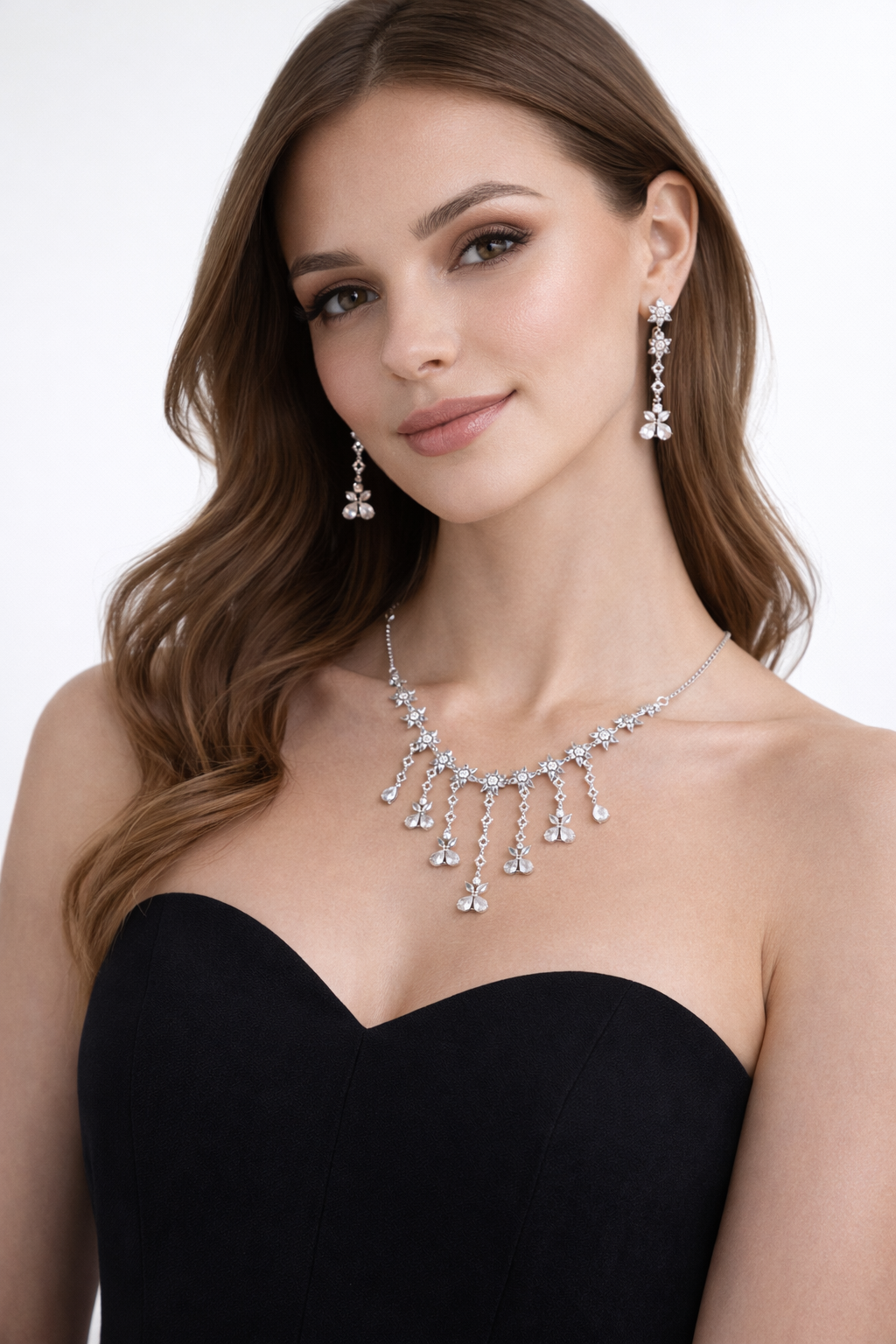 Silver Crystal Butterfly Necklace Set with Long Drop Earrings