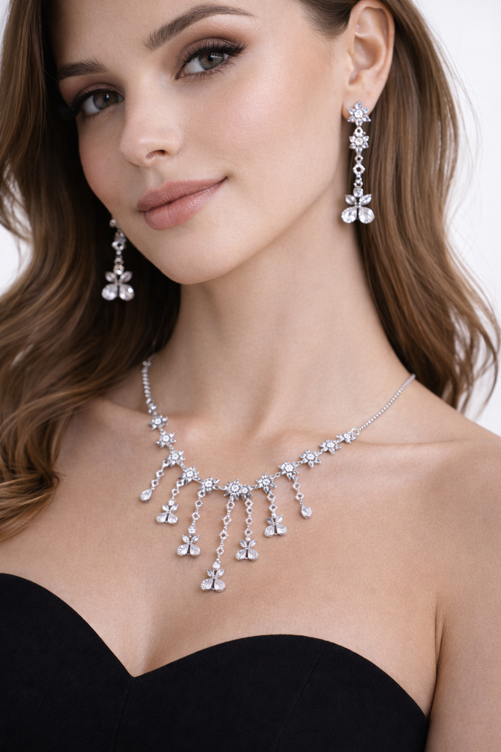 Silver Crystal Butterfly Necklace Set with Long Drop Earrings
