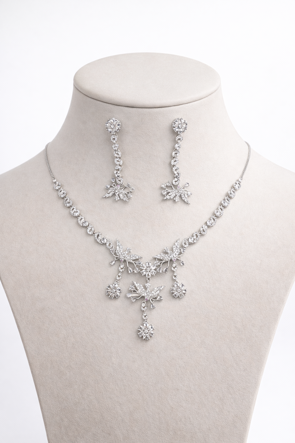 Designer Crystal Necklace Set with Leaf Motif and Dangling Drops