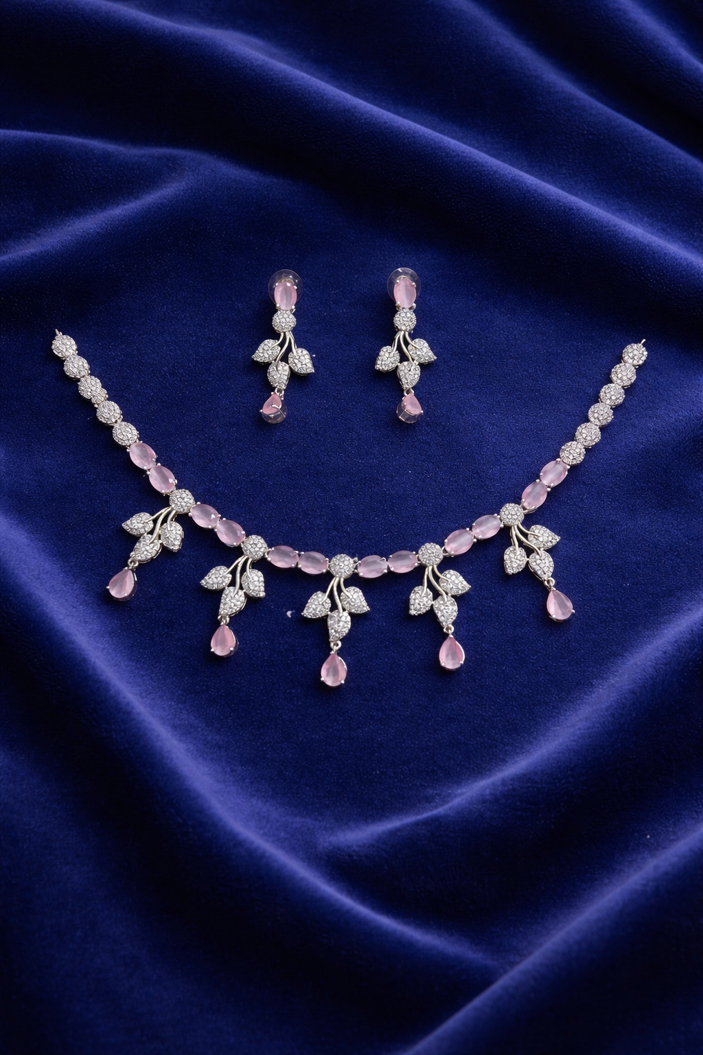 Pink Stone Necklace Set with Leaf Design and Drop Earrings