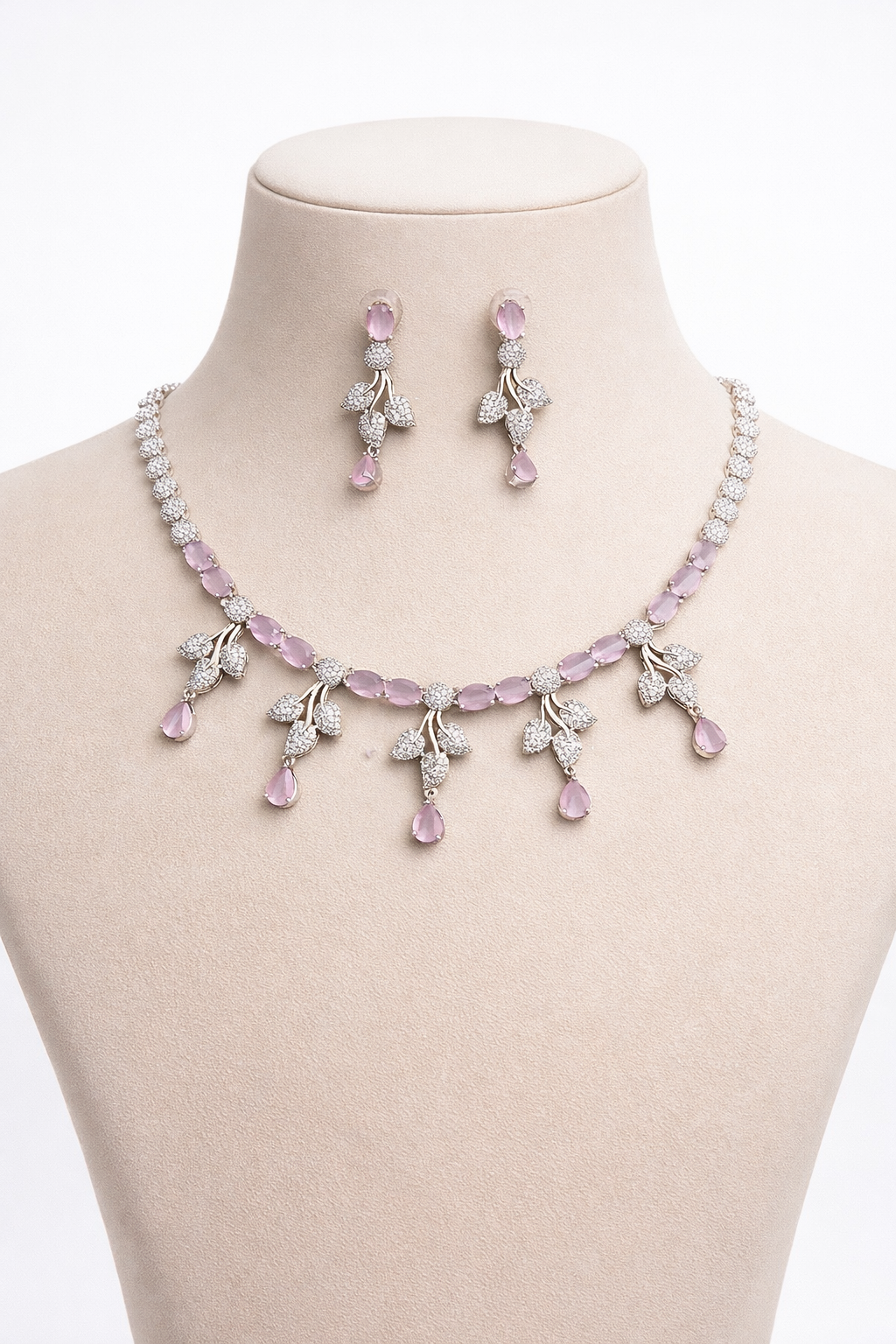 Pink Stone Necklace Set with Leaf Design and Drop Earrings