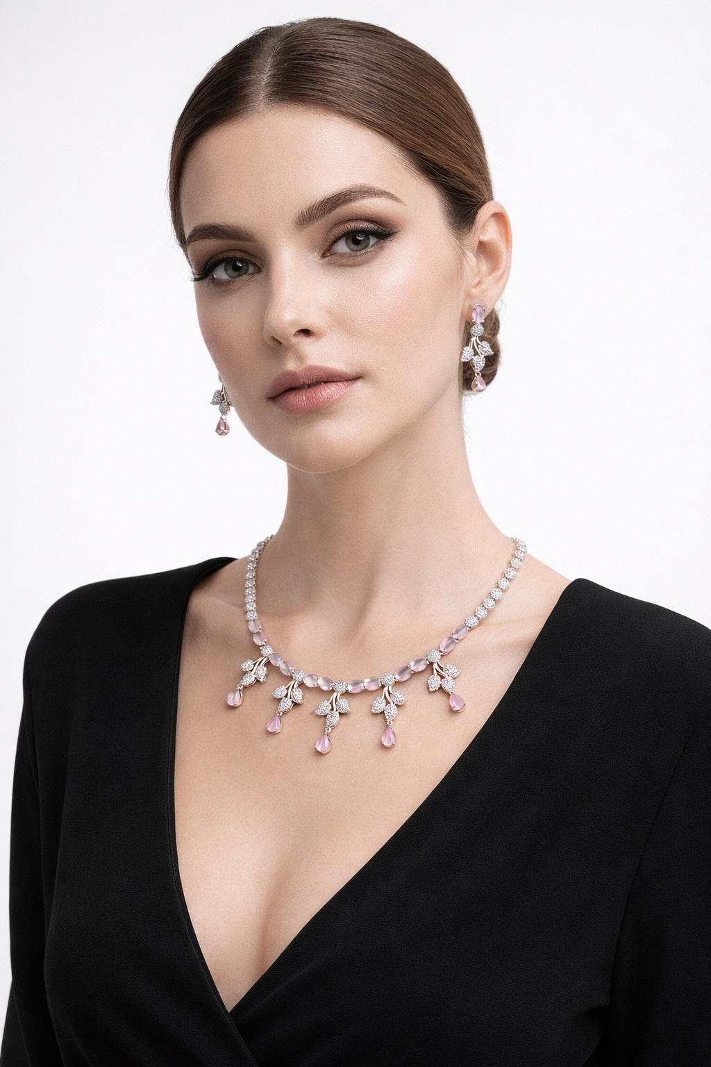 Pink Stone Necklace Set with Leaf Design and Drop Earrings
