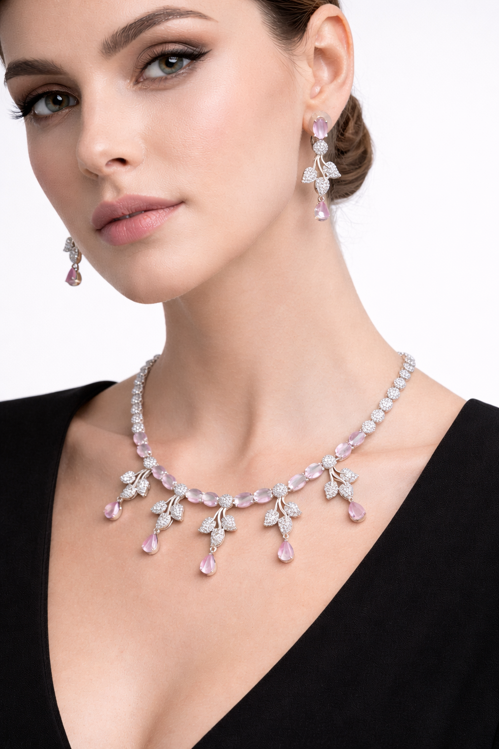 Pink Stone Necklace Set with Leaf Design and Drop Earrings