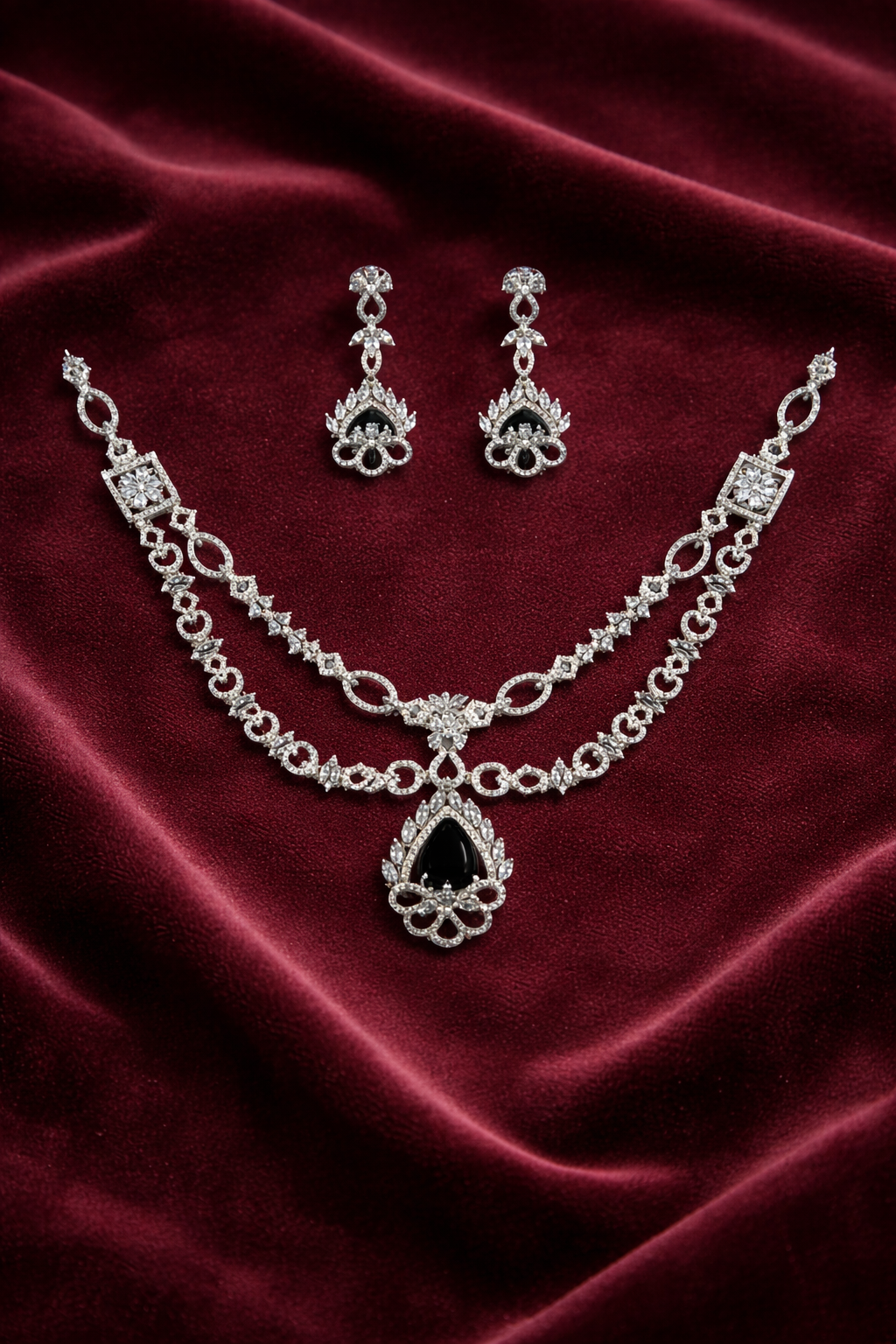 Black Stone Dual Layer Necklace Set with Designer Pendant