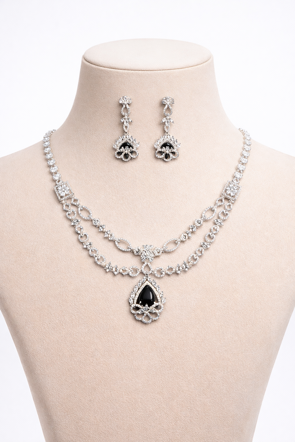 Black Stone Dual Layer Necklace Set with Designer Pendant