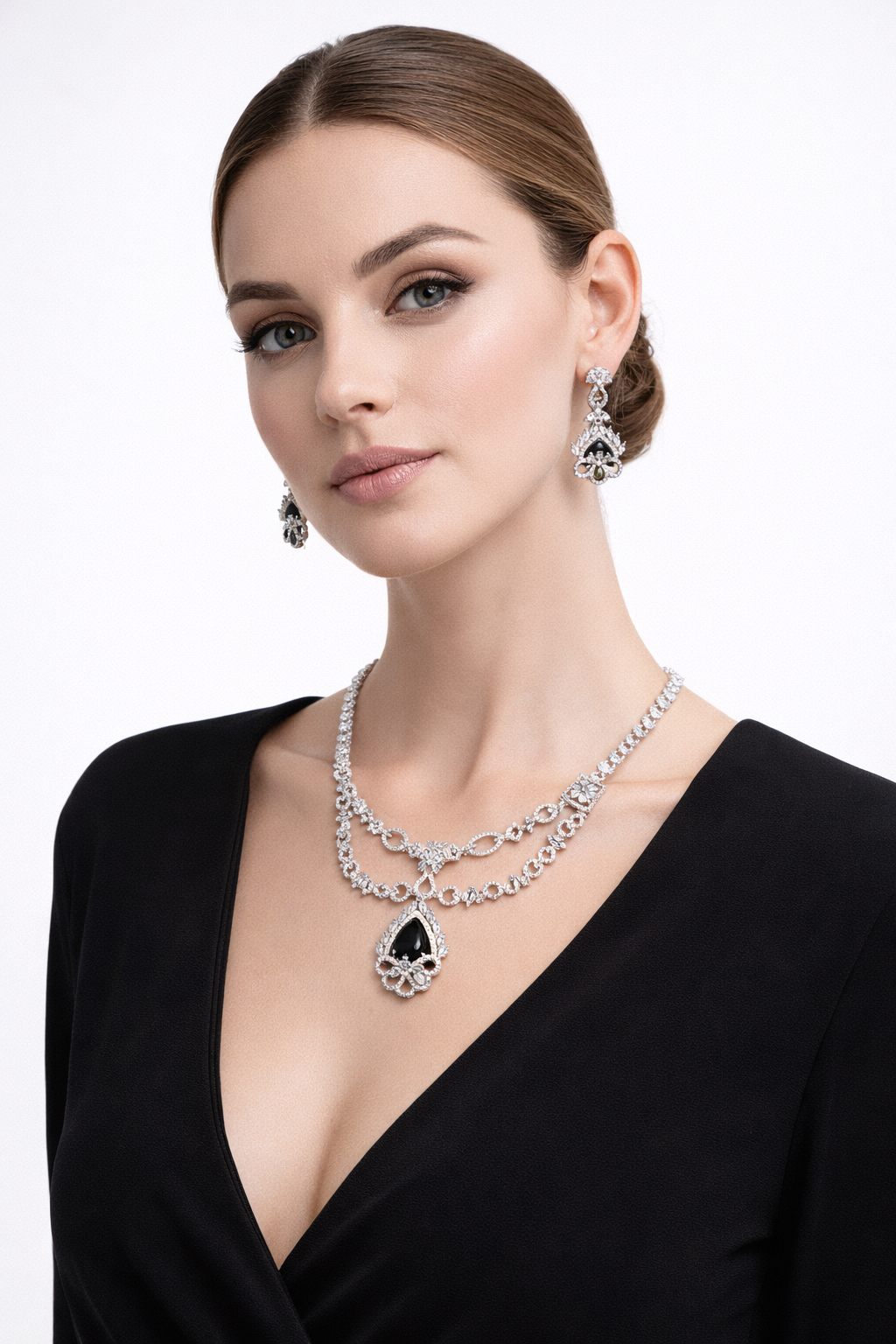 Black Stone Dual Layer Necklace Set with Designer Pendant