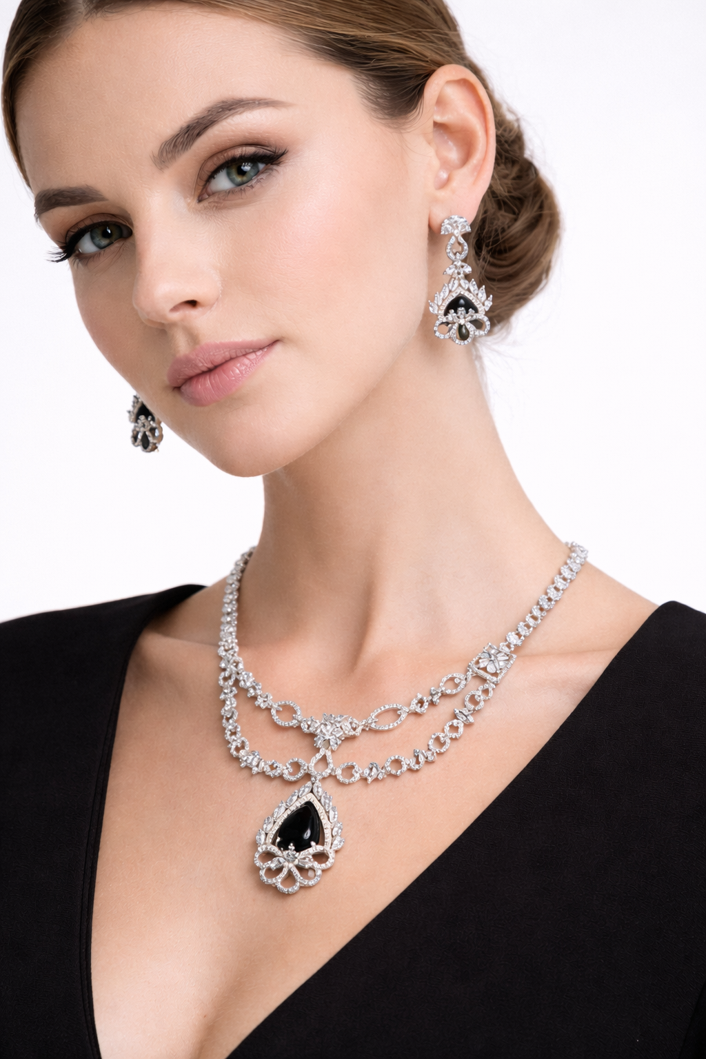 Black Stone Dual Layer Necklace Set with Designer Pendant