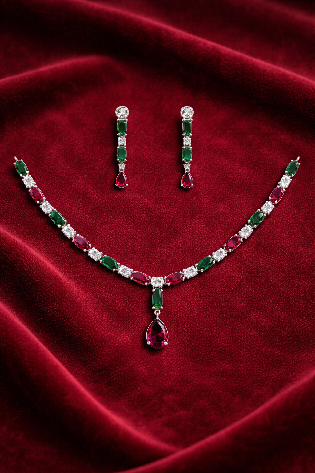 Red and Green Stone Necklace Set with Teardrop Pendant