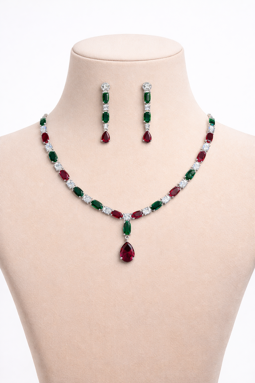 Red and Green Stone Necklace Set with Teardrop Pendant