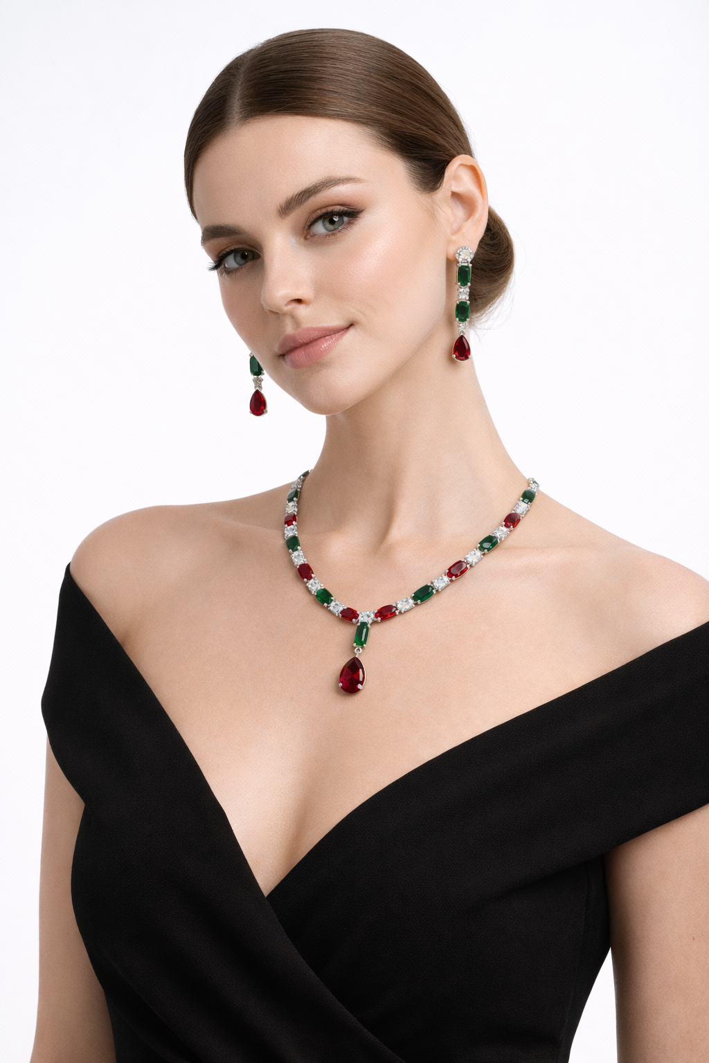 Red and Green Stone Necklace Set with Teardrop Pendant