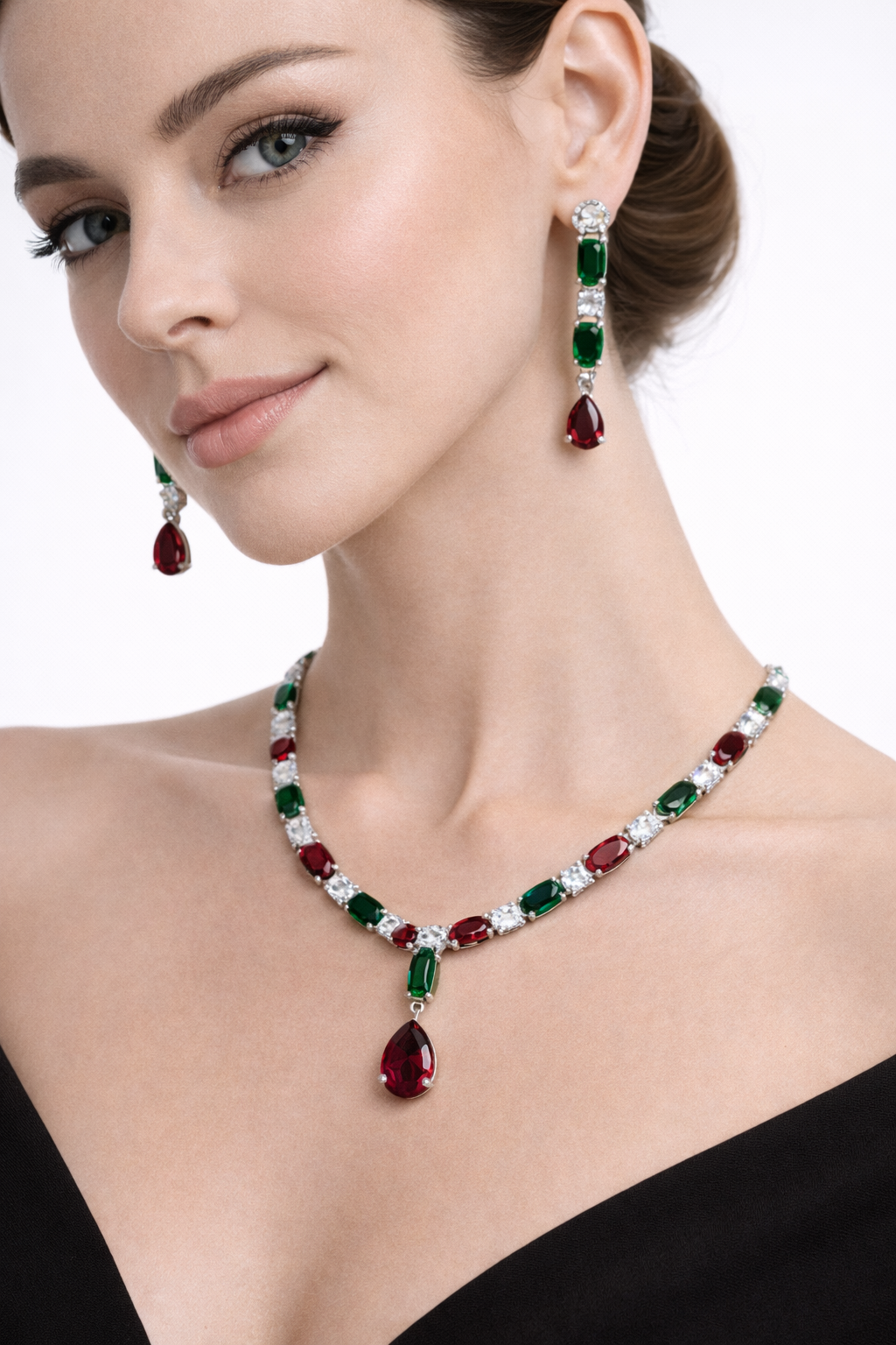 Red and Green Stone Necklace Set with Teardrop Pendant