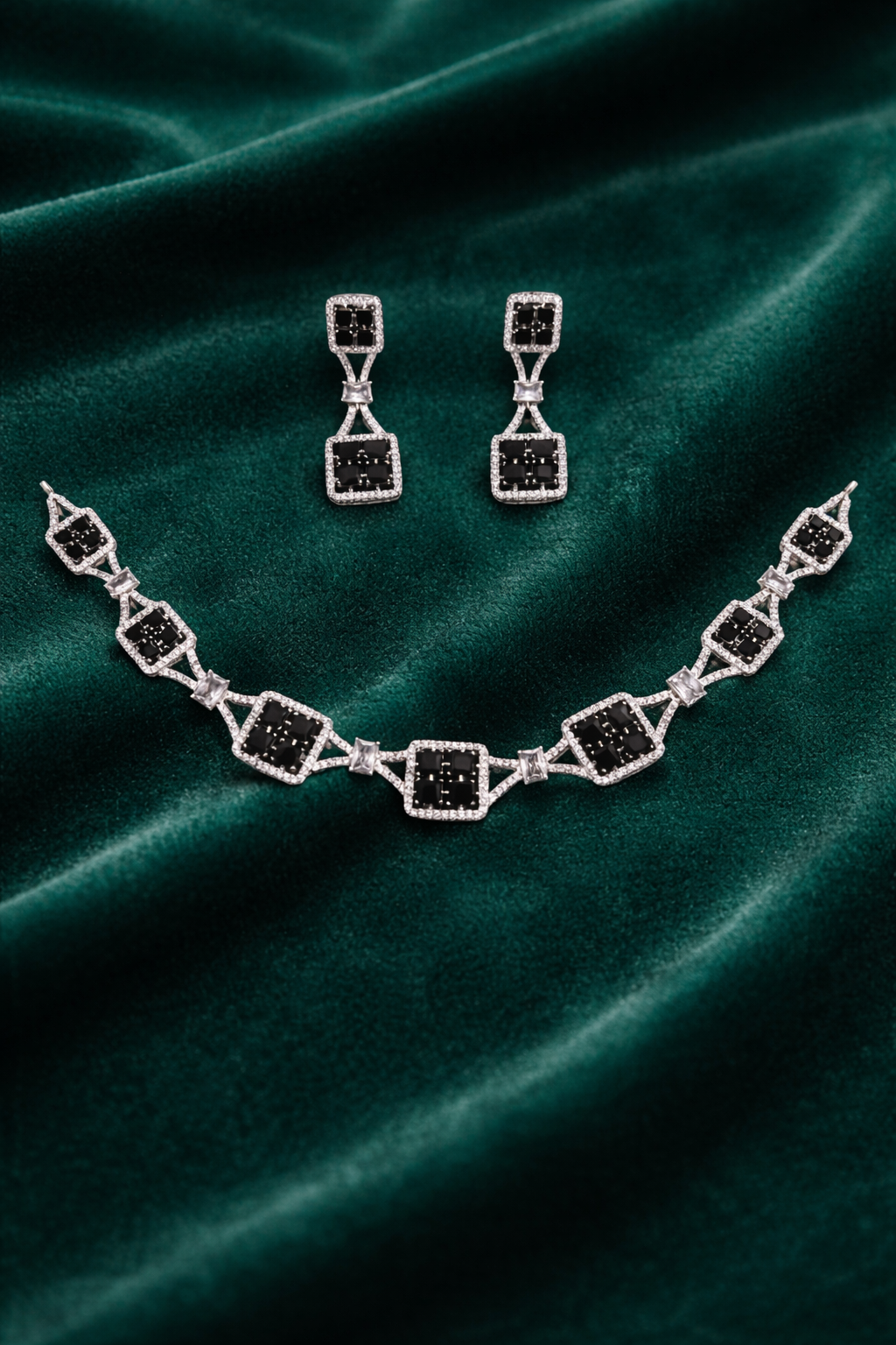 Black Stone Geometric Necklace Set with Square Crystal Design