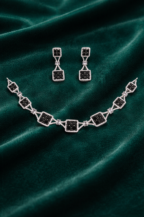Black Stone Geometric Necklace Set with Square Crystal Design