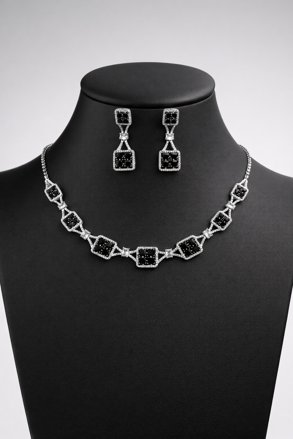 Black Stone Geometric Necklace Set with Square Crystal Design