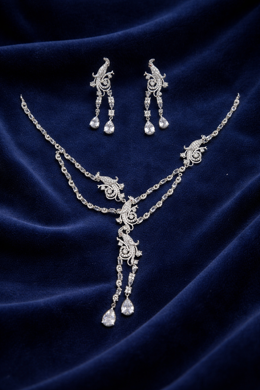 Silver Peacock Design Necklace Set with Long Drop Earrings