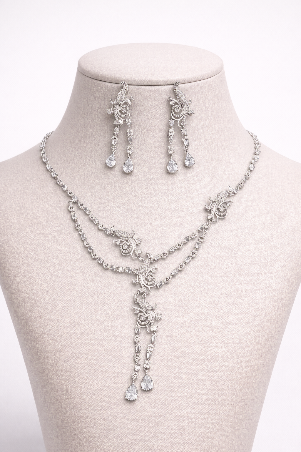 Silver Peacock Design Necklace Set with Long Drop Earrings